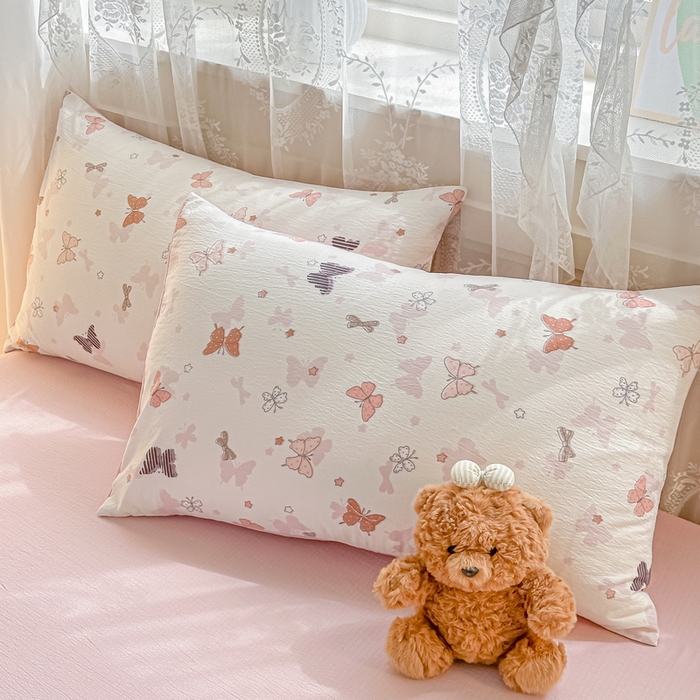 91家纺网 家纺一手货源 找家纺 侯先生家纺新款直播爆款云感双层纱皱皱纱四件套小清新水洗棉床笠 花间蝶语