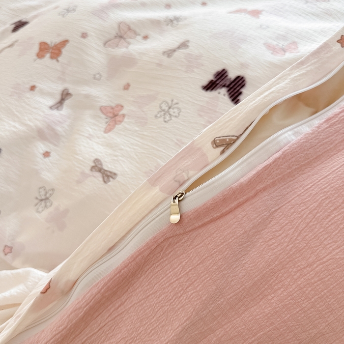 91家纺网 家纺一手货源 找家纺 侯先生家纺新款直播爆款云感双层纱皱皱纱四件套小清新水洗棉床笠 花间蝶语