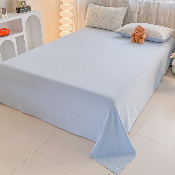 91家纺网 家纺一手货源 找家纺 侯先生家纺新款直播爆款云感双层纱皱皱纱四件套小清新水洗棉床笠 蓝波点