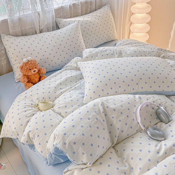 91家纺网 家纺一手货源 找家纺 侯先生家纺新款直播爆款云感双层纱皱皱纱四件套小清新水洗棉床笠 蓝波点