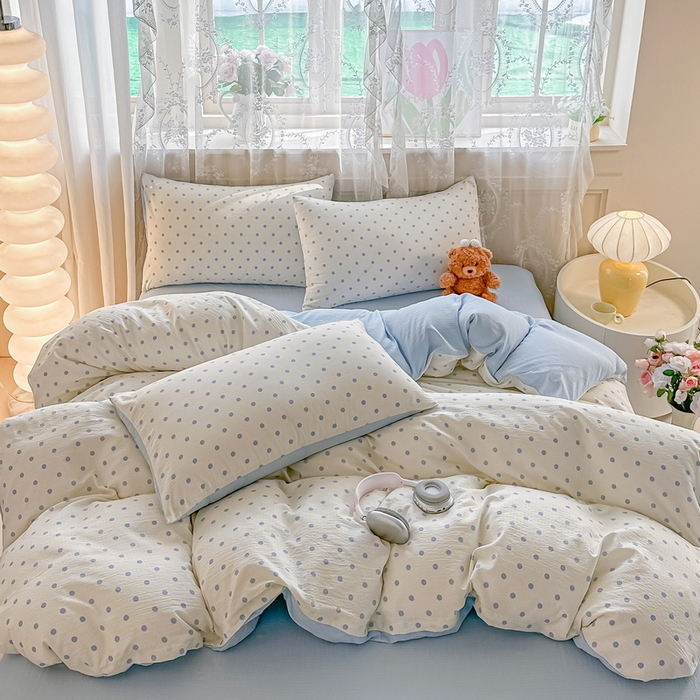 91家纺网 家纺一手货源 找家纺 侯先生家纺新款直播爆款云感双层纱皱皱纱四件套小清新水洗棉床笠 蓝波点