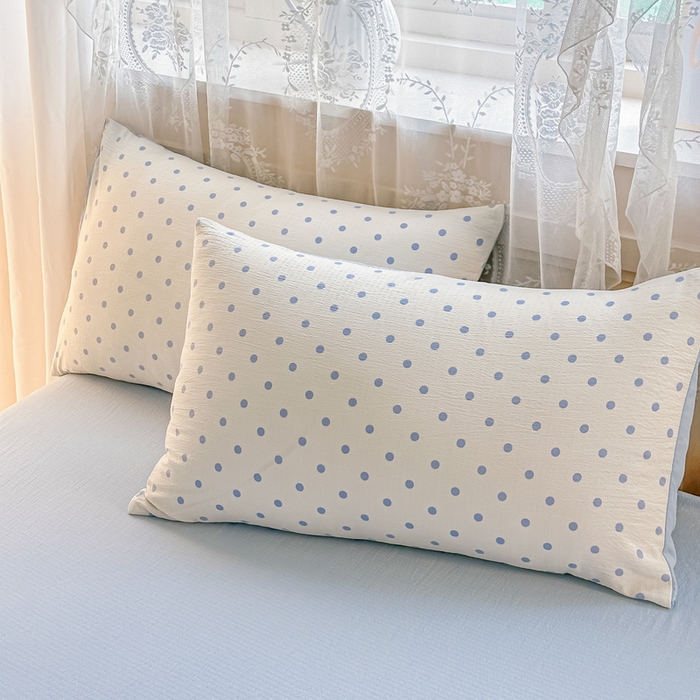 91家纺网 家纺一手货源 找家纺 侯先生家纺新款直播爆款云感双层纱皱皱纱四件套小清新水洗棉床笠 蓝波点