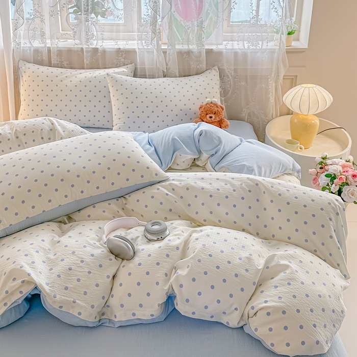 91家纺网 家纺一手货源 找家纺 侯先生家纺新款直播爆款云感双层纱皱皱纱四件套小清新水洗棉床笠 蓝波点