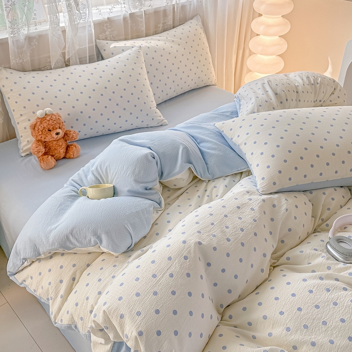 91家纺网 家纺一手货源 找家纺 侯先生家纺新款直播爆款云感双层纱皱皱纱四件套小清新水洗棉床笠 蓝波点