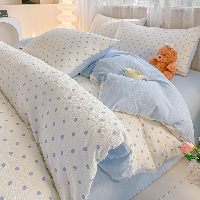 91家纺网 家纺一手货源 找家纺 侯先生家纺新款直播爆款云感双层纱皱皱纱四件套小清新水洗棉床笠 蓝波点