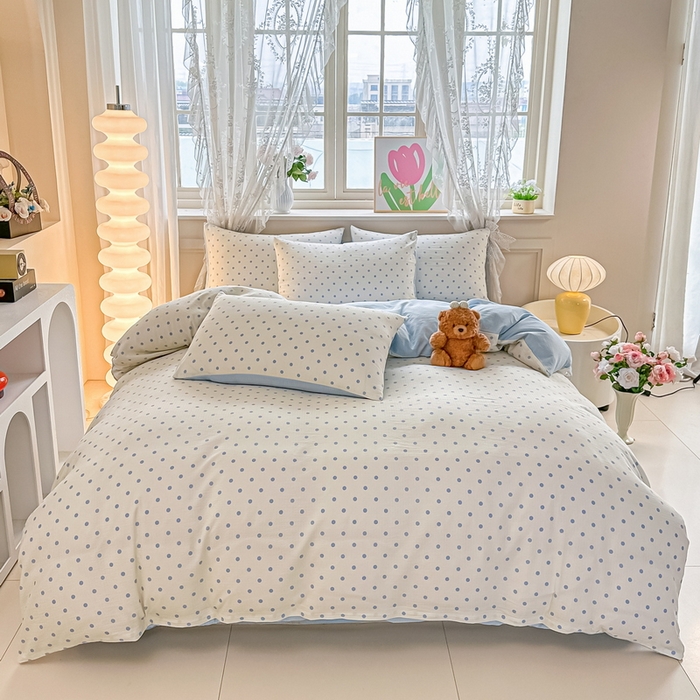 91家纺网 家纺一手货源 找家纺 侯先生家纺新款直播爆款云感双层纱皱皱纱四件套小清新水洗棉床笠 蓝波点