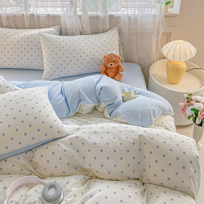 91家纺网 家纺一手货源 找家纺 侯先生家纺新款直播爆款云感双层纱皱皱纱四件套小清新水洗棉床笠 蓝波点