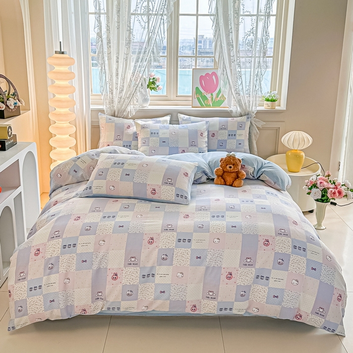 91家纺网 家纺一手货源 找家纺 侯先生家纺新款直播爆款云感双层纱皱皱纱四件套小清新水洗棉床笠 蓝布布