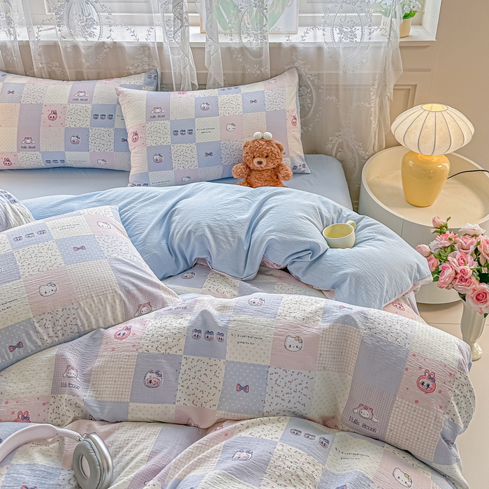 91家纺网 家纺一手货源 找家纺 侯先生家纺新款直播爆款云感双层纱皱皱纱四件套小清新水洗棉床笠 蓝布布