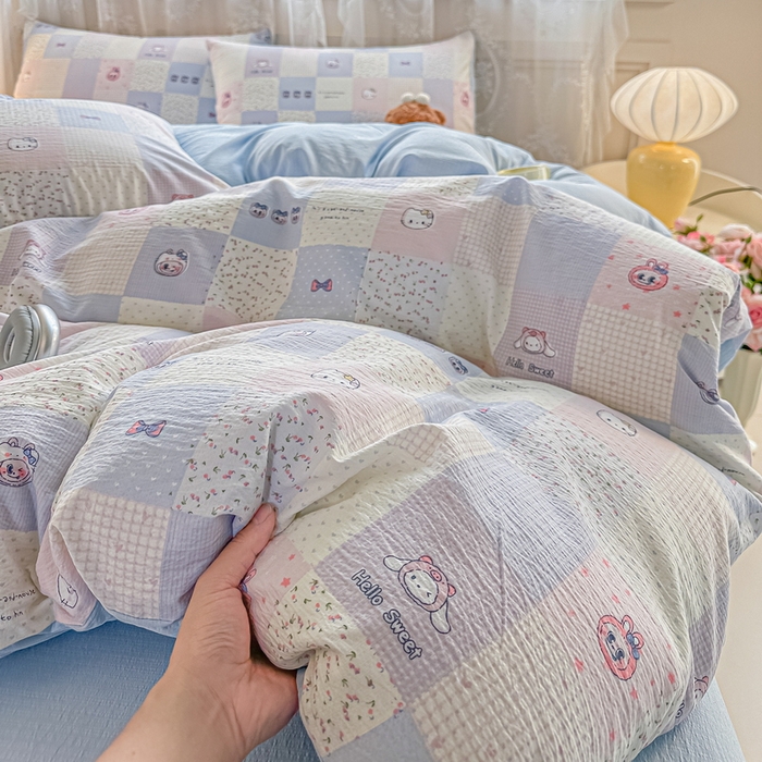 91家纺网 家纺一手货源 找家纺 侯先生家纺新款直播爆款云感双层纱皱皱纱四件套小清新水洗棉床笠 蓝布布