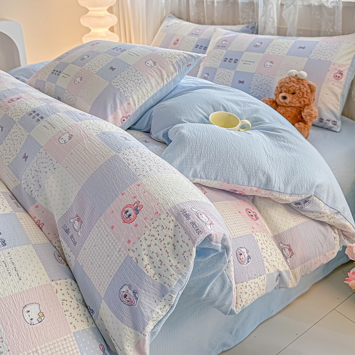 91家纺网 家纺一手货源 找家纺 侯先生家纺新款直播爆款云感双层纱皱皱纱四件套小清新水洗棉床笠 蓝布布