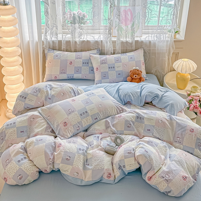 91家纺网 家纺一手货源 找家纺 侯先生家纺新款直播爆款云感双层纱皱皱纱四件套小清新水洗棉床笠 蓝布布