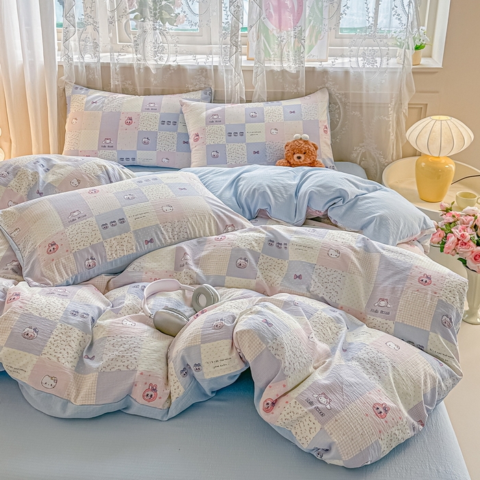 91家纺网 家纺一手货源 找家纺 侯先生家纺新款直播爆款云感双层纱皱皱纱四件套小清新水洗棉床笠 蓝布布