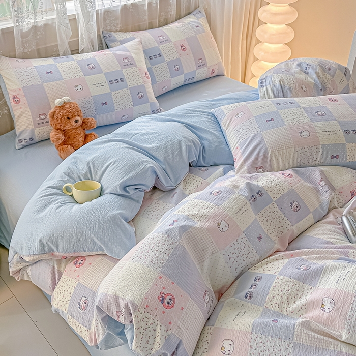 91家纺网 家纺一手货源 找家纺 侯先生家纺新款直播爆款云感双层纱皱皱纱四件套小清新水洗棉床笠 蓝布布