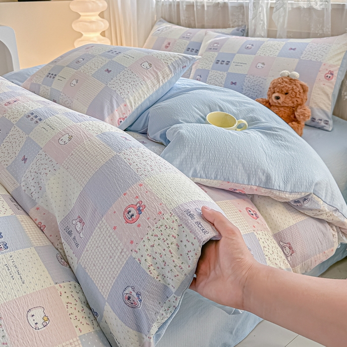 91家纺网 家纺一手货源 找家纺 侯先生家纺新款直播爆款云感双层纱皱皱纱四件套小清新水洗棉床笠 蓝布布