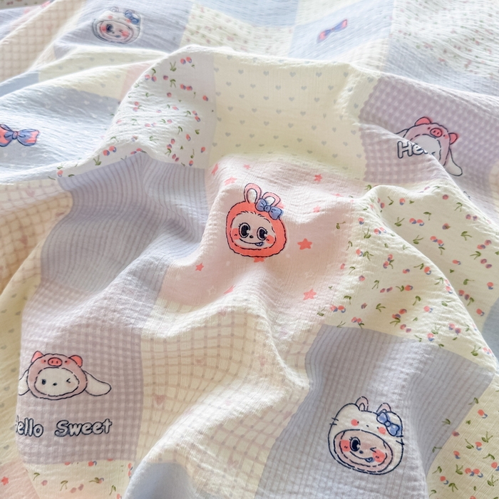 91家纺网 家纺一手货源 找家纺 侯先生家纺新款直播爆款云感双层纱皱皱纱四件套小清新水洗棉床笠 蓝布布