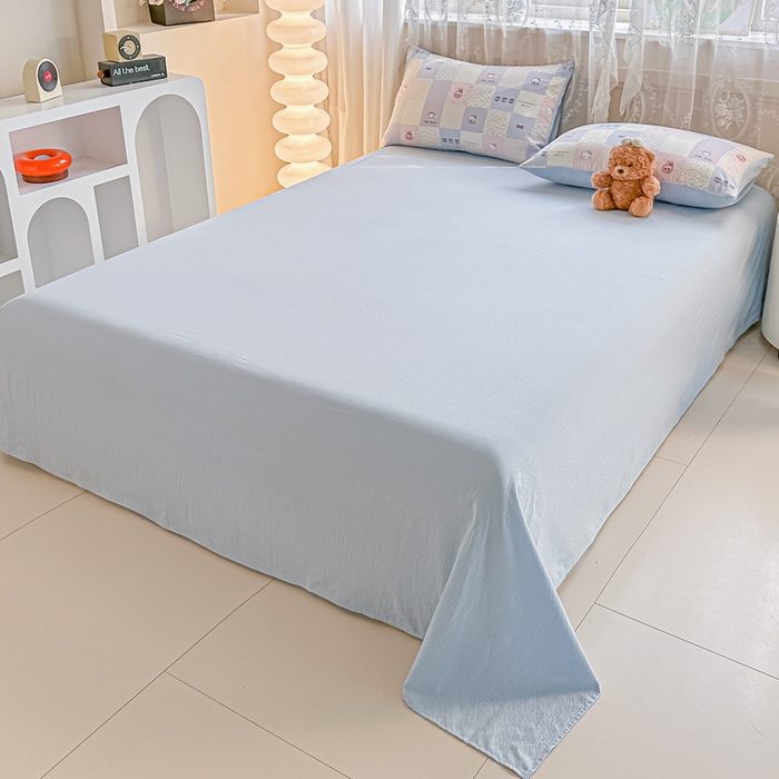 91家纺网 家纺一手货源 找家纺 侯先生家纺新款直播爆款云感双层纱皱皱纱四件套小清新水洗棉床笠 蓝布布