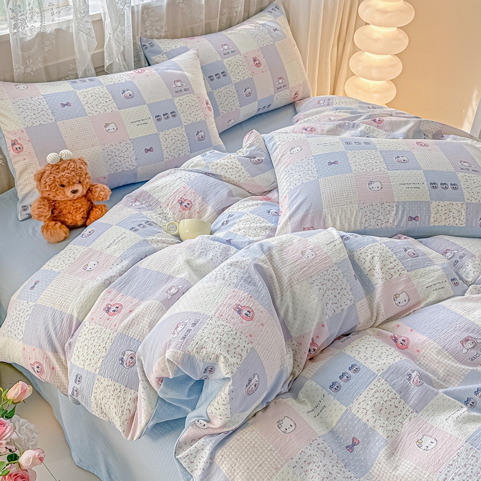 91家纺网 家纺一手货源 找家纺 侯先生家纺新款直播爆款云感双层纱皱皱纱四件套小清新水洗棉床笠 蓝布布