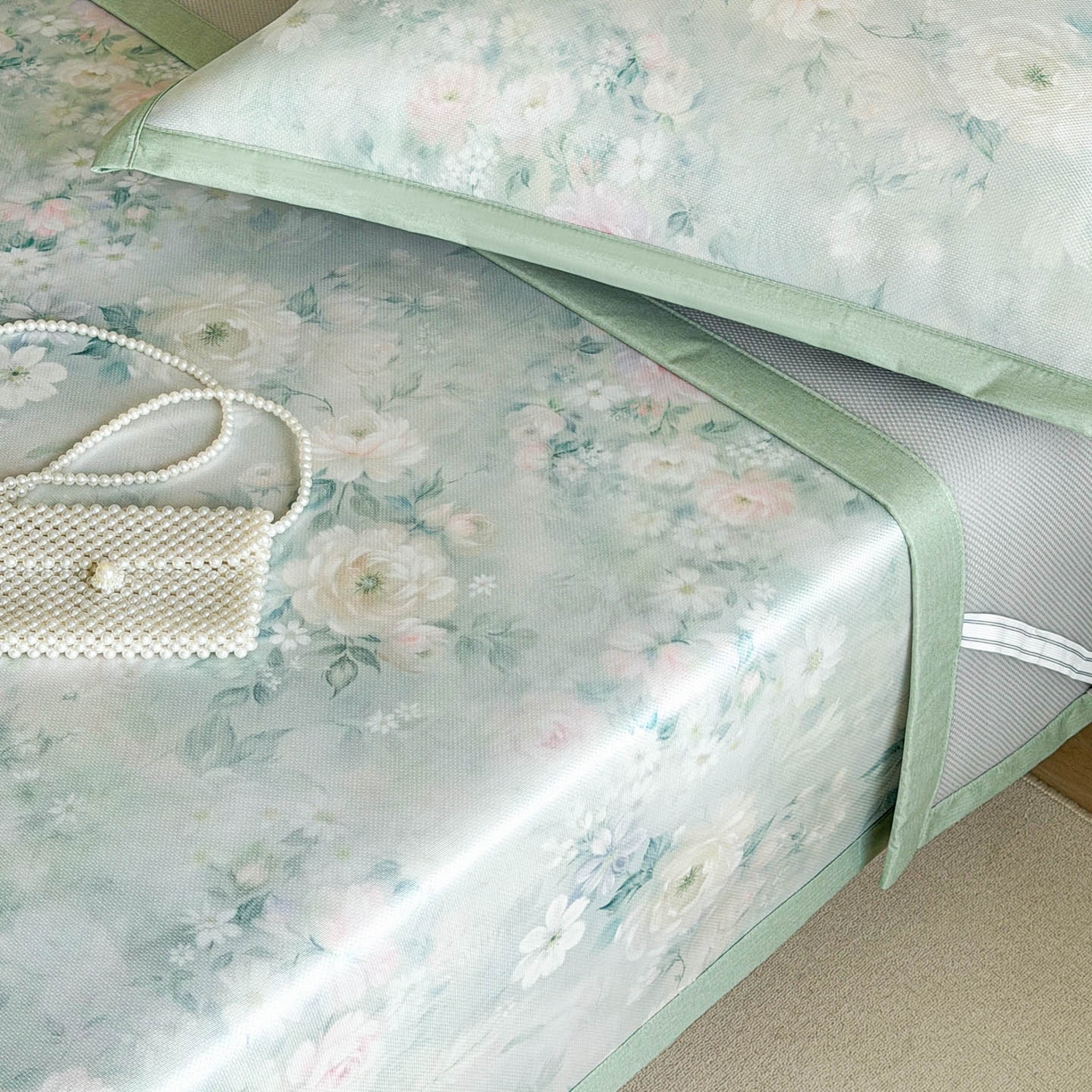 91家纺网 家纺一手货源 找家纺 倾慕家纺 2026新款A类数码印花冰泉丝凉席 花艺绿