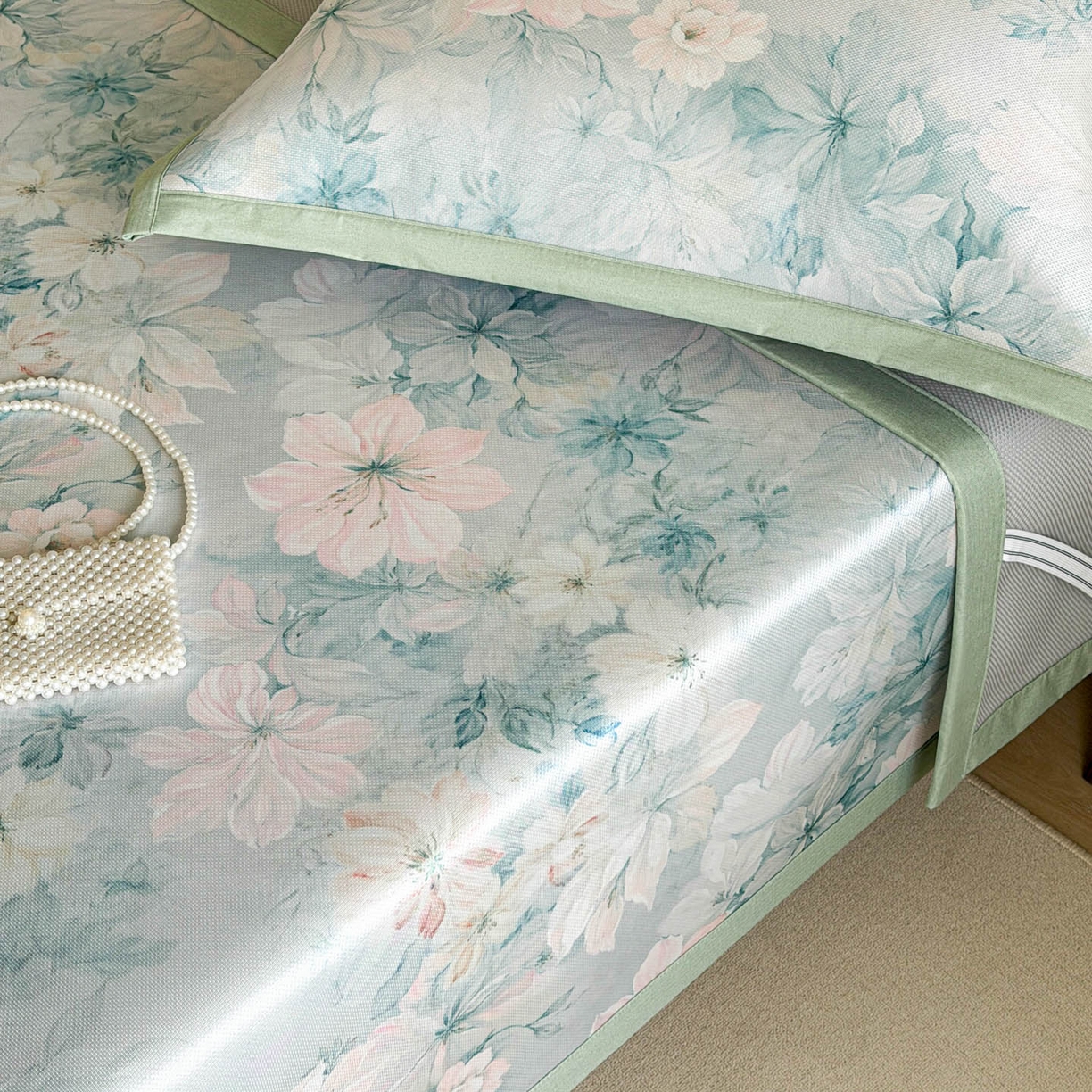 91家纺网 家纺一手货源 找家纺 倾慕家纺 2026新款A类数码印花冰泉丝凉席 水墨江南绿