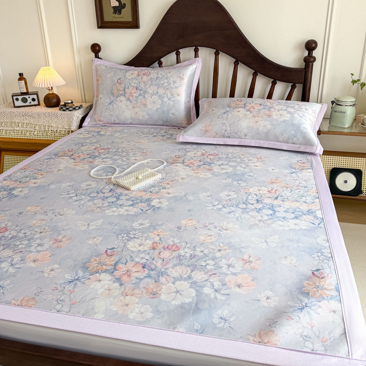 91家纺网 家纺一手货源 找家纺 倾慕家纺 2026新款A类数码印花冰泉丝凉席 玉兰花紫