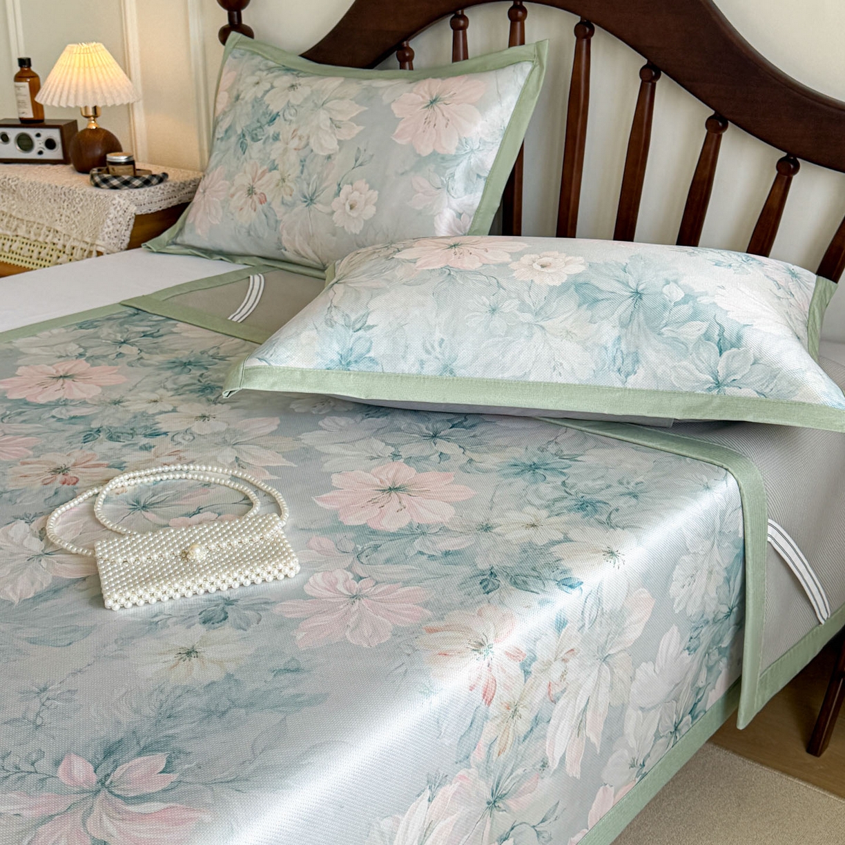 91家纺网 家纺一手货源 找家纺 倾慕家纺 2026新款A类数码印花冰泉丝凉席 水墨江南绿