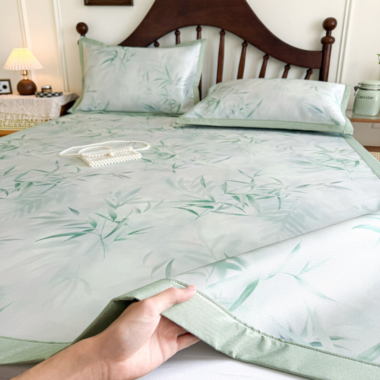 91家纺网 家纺一手货源 找家纺 倾慕家纺 2026新款A类数码印花冰泉丝凉席 竹潇潇绿