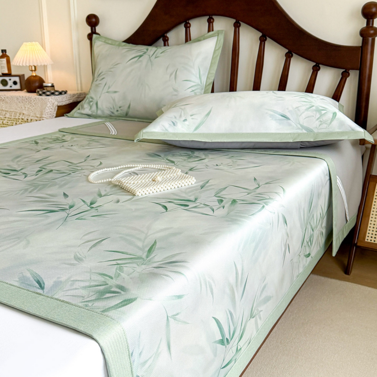 91家纺网 家纺一手货源 找家纺 倾慕家纺 2026新款A类数码印花冰泉丝凉席 竹潇潇绿