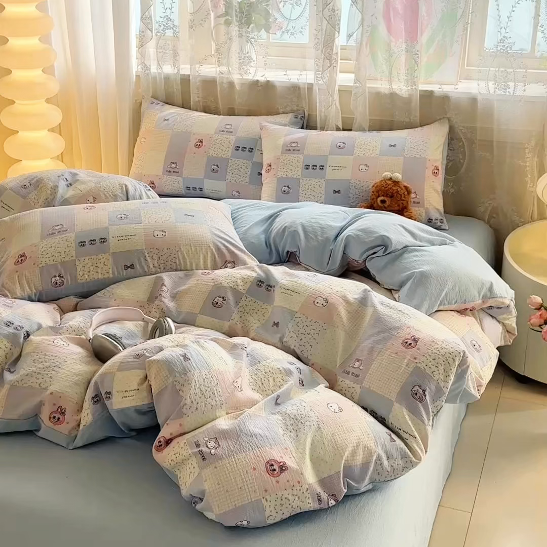 91家纺网 家纺一手货源 找家纺 侯先生家纺新款直播爆款云感双层纱皱皱纱四件套小清新水洗棉床笠 蓝布布