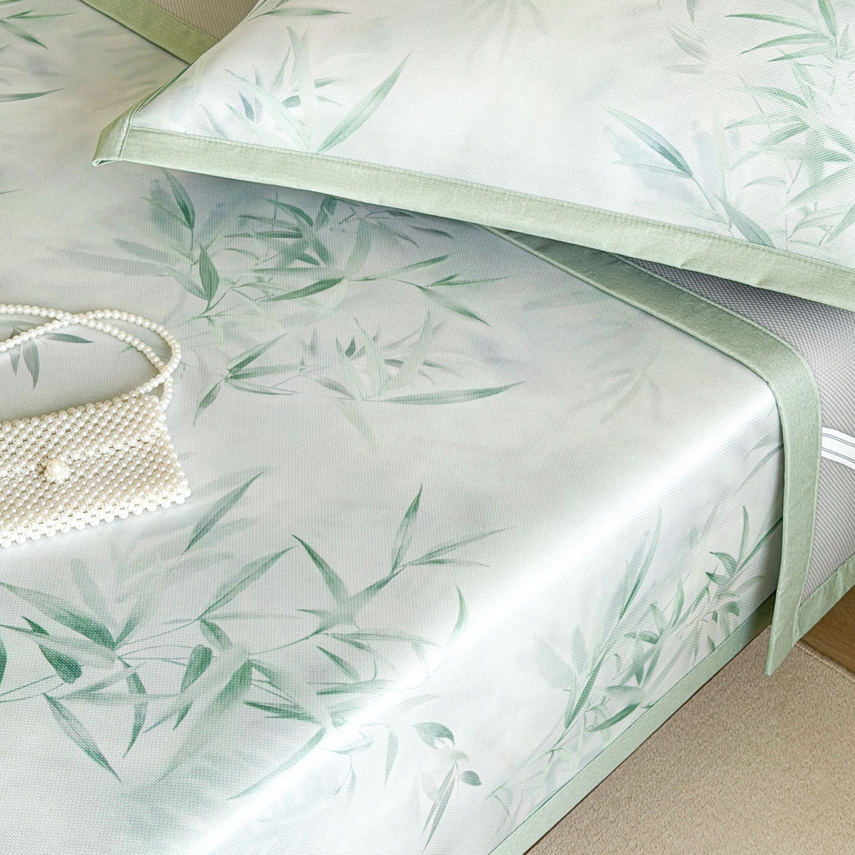 91家纺网 家纺一手货源 找家纺 倾慕家纺 2026新款A类数码印花冰泉丝凉席 竹潇潇绿