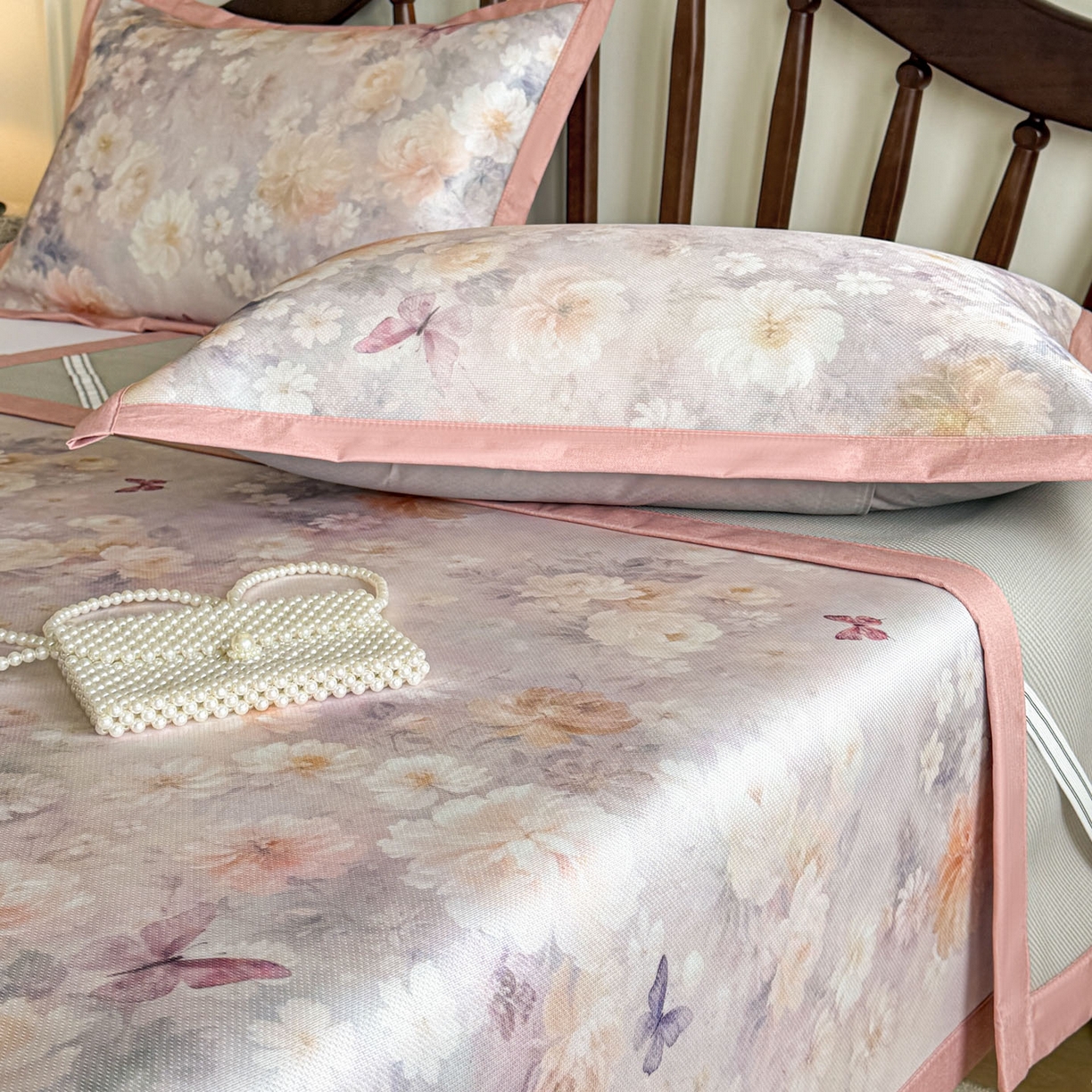 91家纺网 家纺一手货源 找家纺 倾慕家纺 2026新款A类数码印花冰泉丝凉席 摩尼粉