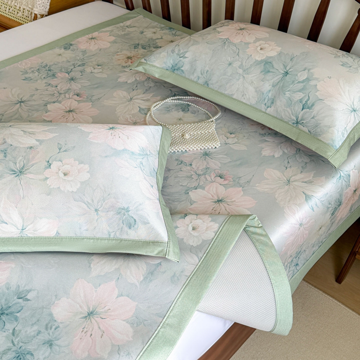 91家纺网 家纺一手货源 找家纺 倾慕家纺 2026新款A类数码印花冰泉丝凉席 水墨江南绿