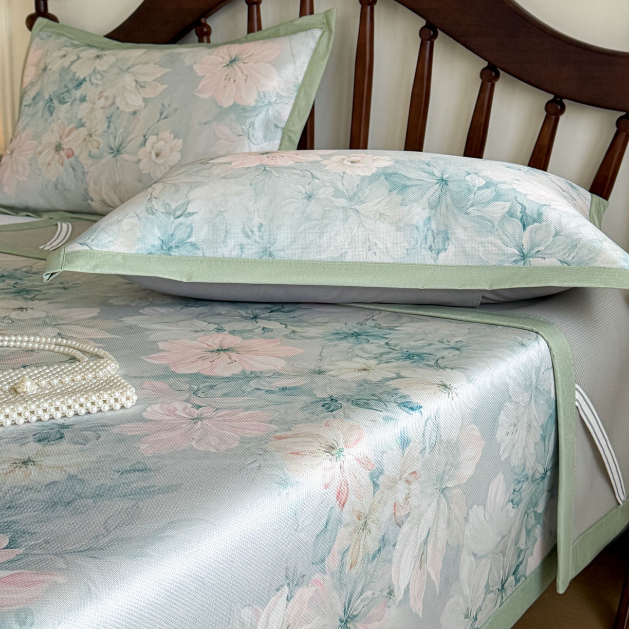 91家纺网 家纺一手货源 找家纺 倾慕家纺 2026新款A类数码印花冰泉丝凉席 水墨江南绿