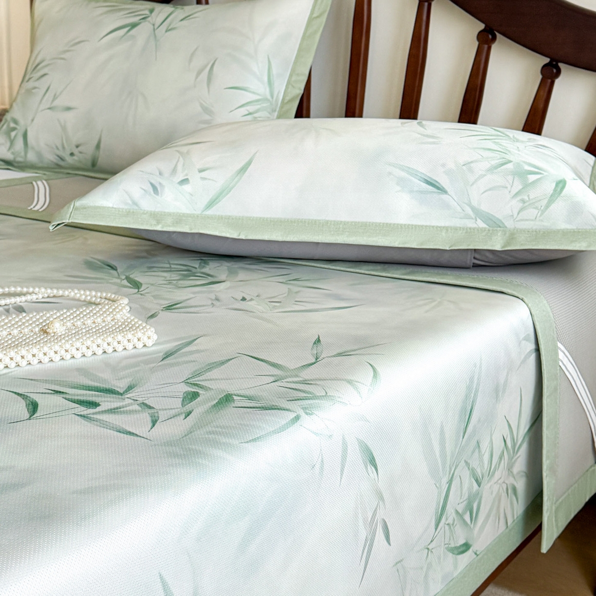 91家纺网 家纺一手货源 找家纺 倾慕家纺 2026新款A类数码印花冰泉丝凉席 竹潇潇绿