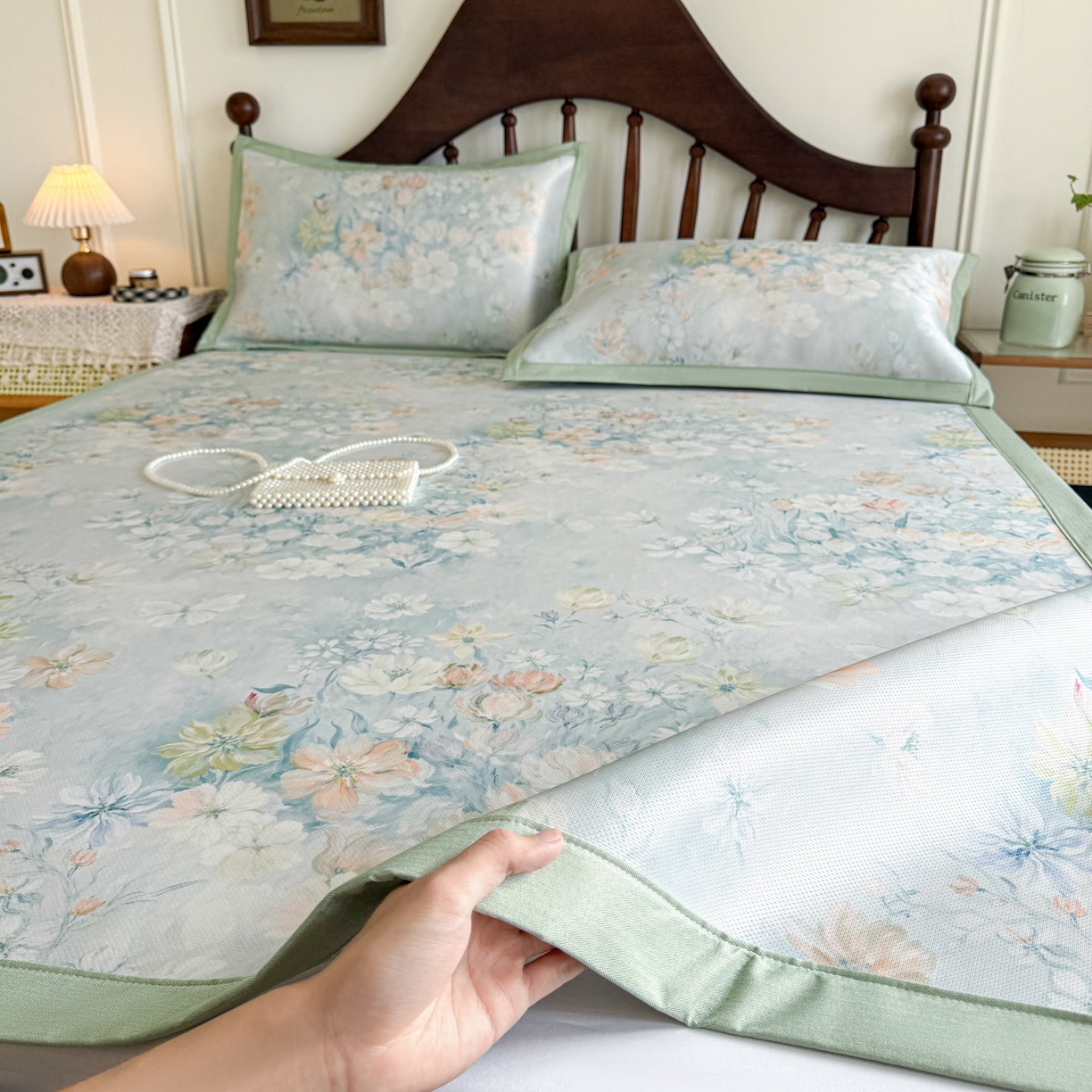 91家纺网 家纺一手货源 找家纺 倾慕家纺 2026新款A类数码印花冰泉丝凉席 玉兰花绿