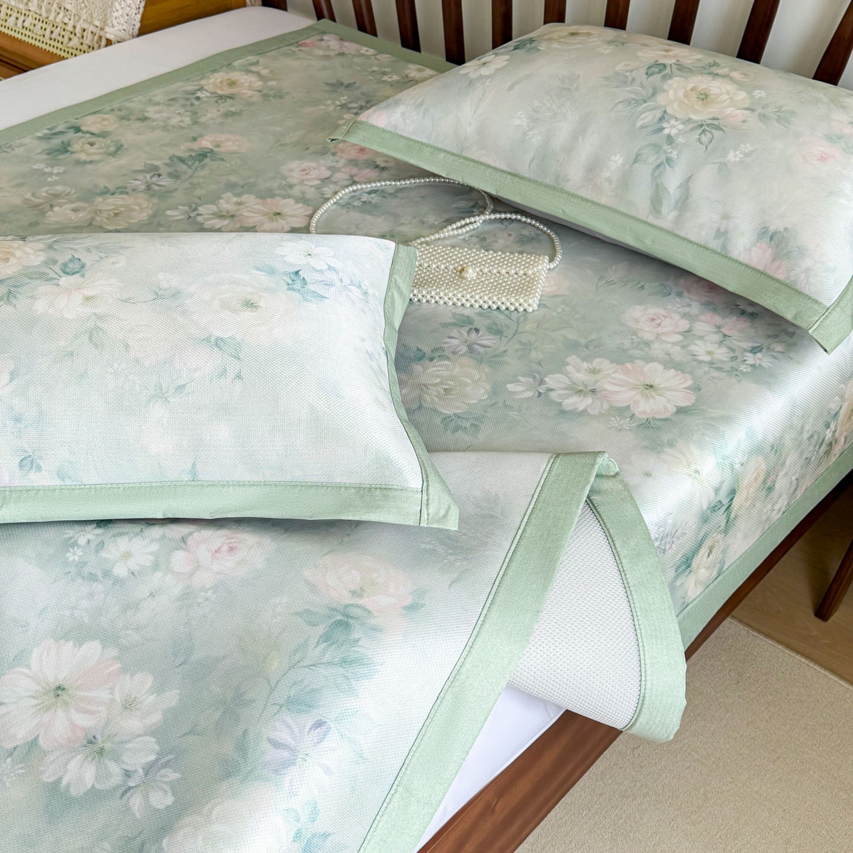 91家纺网 家纺一手货源 找家纺 倾慕家纺 2026新款A类数码印花冰泉丝凉席 花艺绿