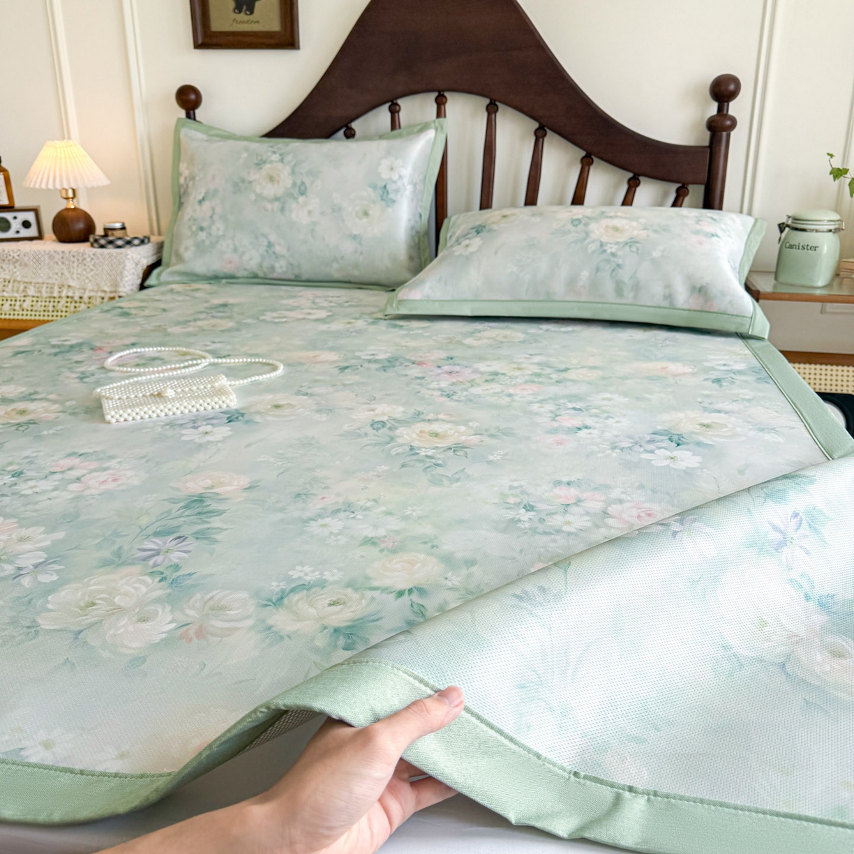 91家纺网 家纺一手货源 找家纺 倾慕家纺 2026新款A类数码印花冰泉丝凉席 花艺绿