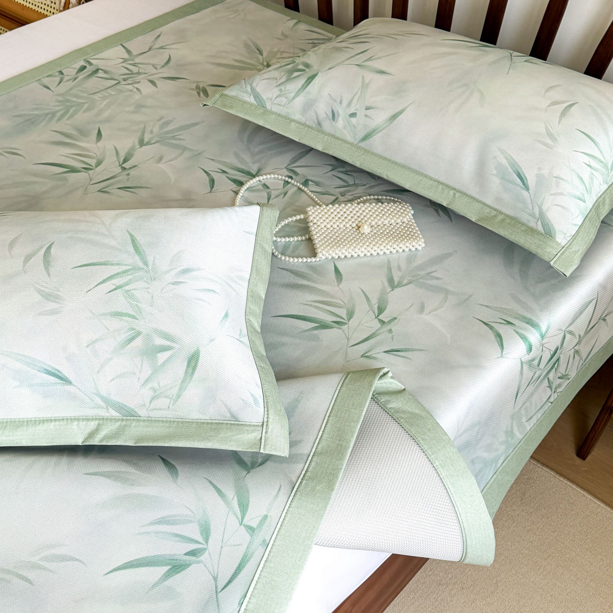 91家纺网 家纺一手货源 找家纺 倾慕家纺 2026新款A类数码印花冰泉丝凉席 竹潇潇绿