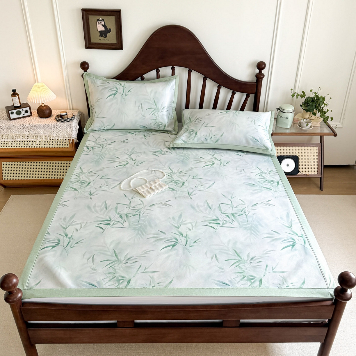 91家纺网 家纺一手货源 找家纺 倾慕家纺 2026新款A类数码印花冰泉丝凉席 竹潇潇绿