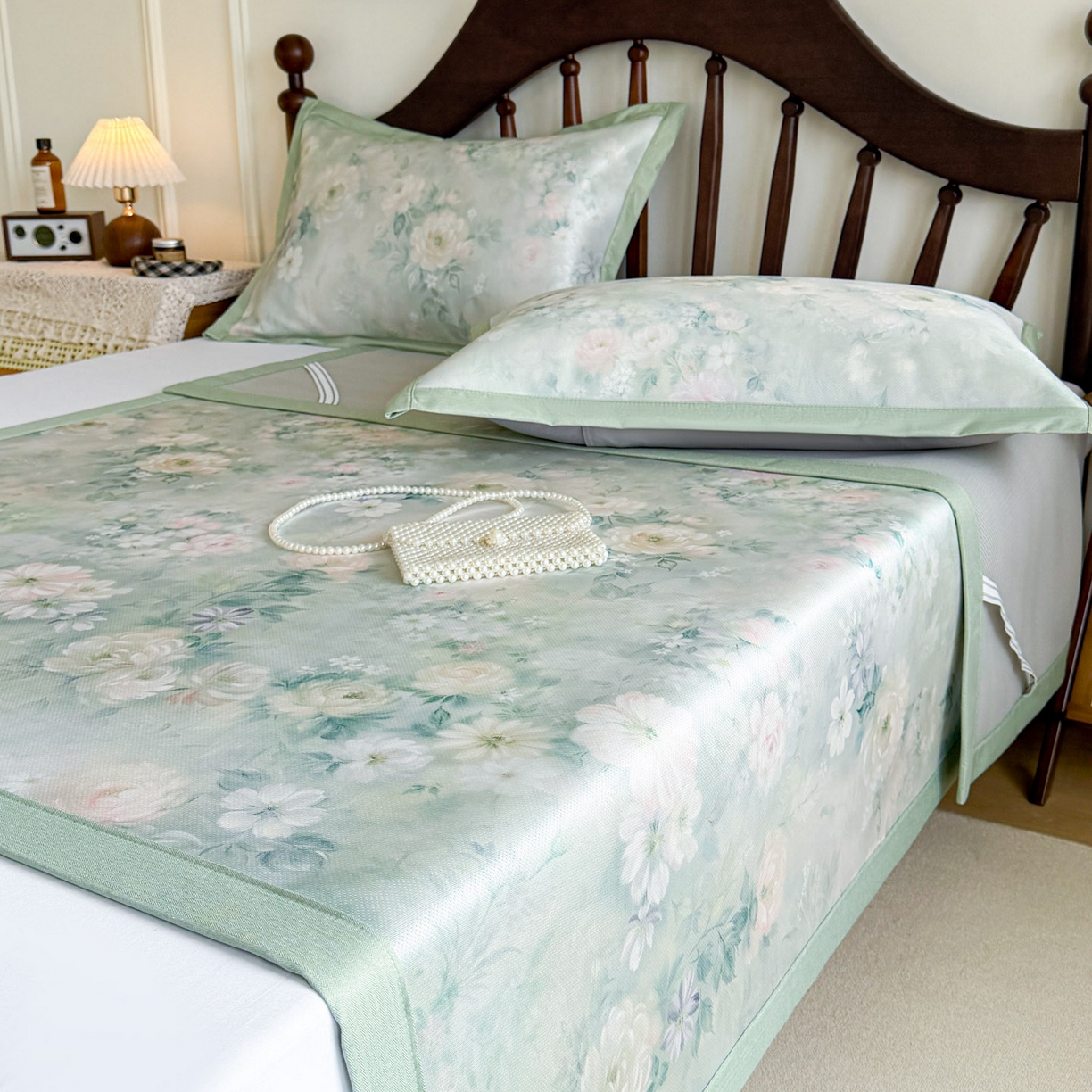 91家纺网 家纺一手货源 找家纺 倾慕家纺 2026新款A类数码印花冰泉丝凉席 花艺绿