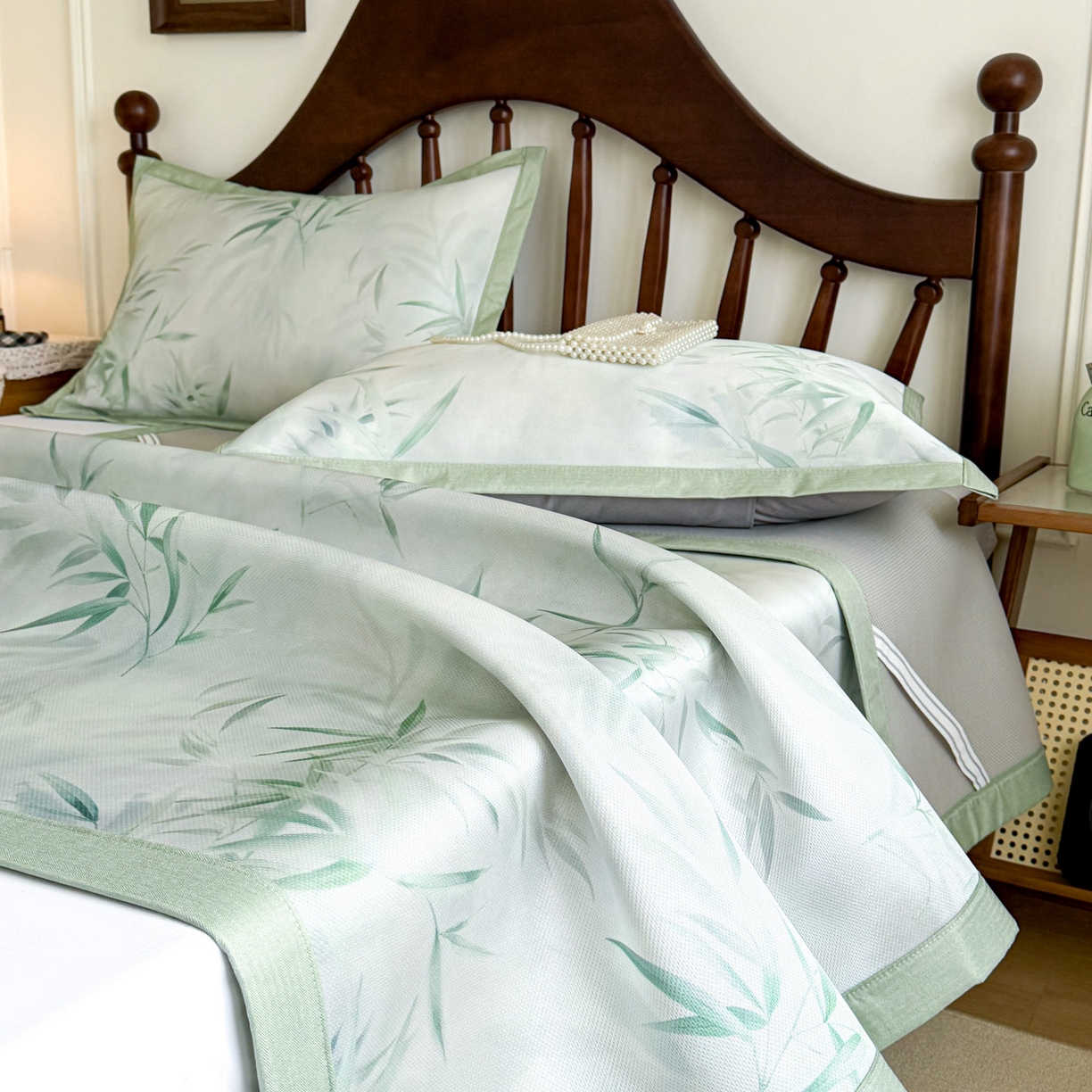 91家纺网 家纺一手货源 找家纺 倾慕家纺 2026新款A类数码印花冰泉丝凉席 竹潇潇绿