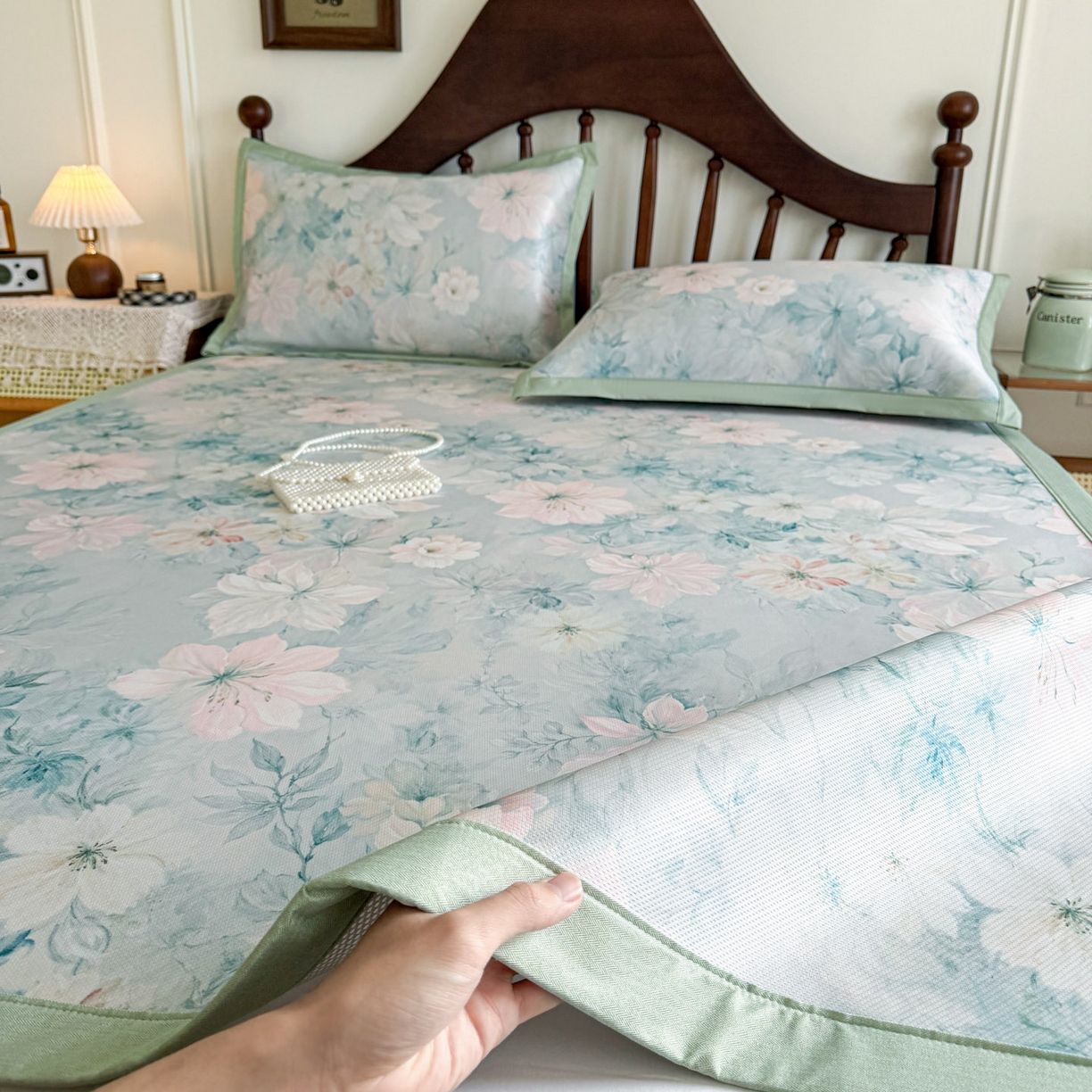 91家纺网 家纺一手货源 找家纺 倾慕家纺 2026新款A类数码印花冰泉丝凉席 水墨江南绿