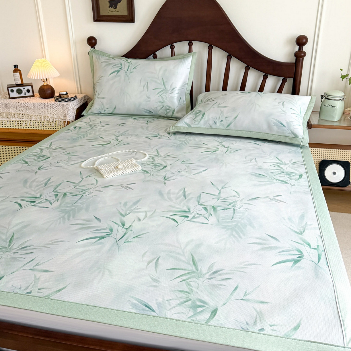 91家纺网 家纺一手货源 找家纺 倾慕家纺 2026新款A类数码印花冰泉丝凉席 竹潇潇绿