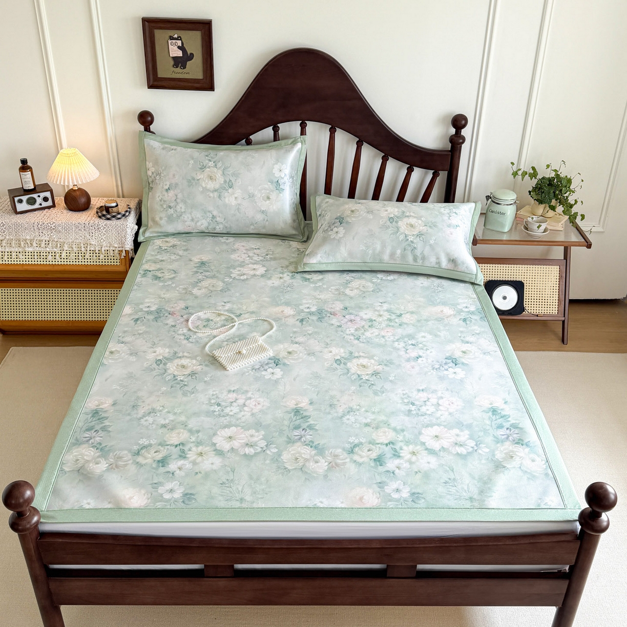 91家纺网 家纺一手货源 找家纺 倾慕家纺 2026新款A类数码印花冰泉丝凉席 花艺绿