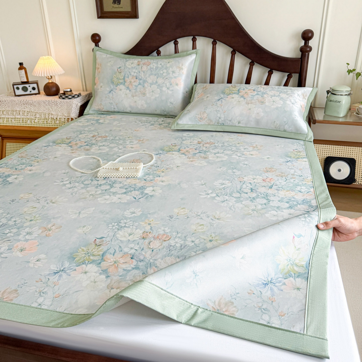 91家纺网 家纺一手货源 找家纺 倾慕家纺 2026新款A类数码印花冰泉丝凉席 玉兰花绿