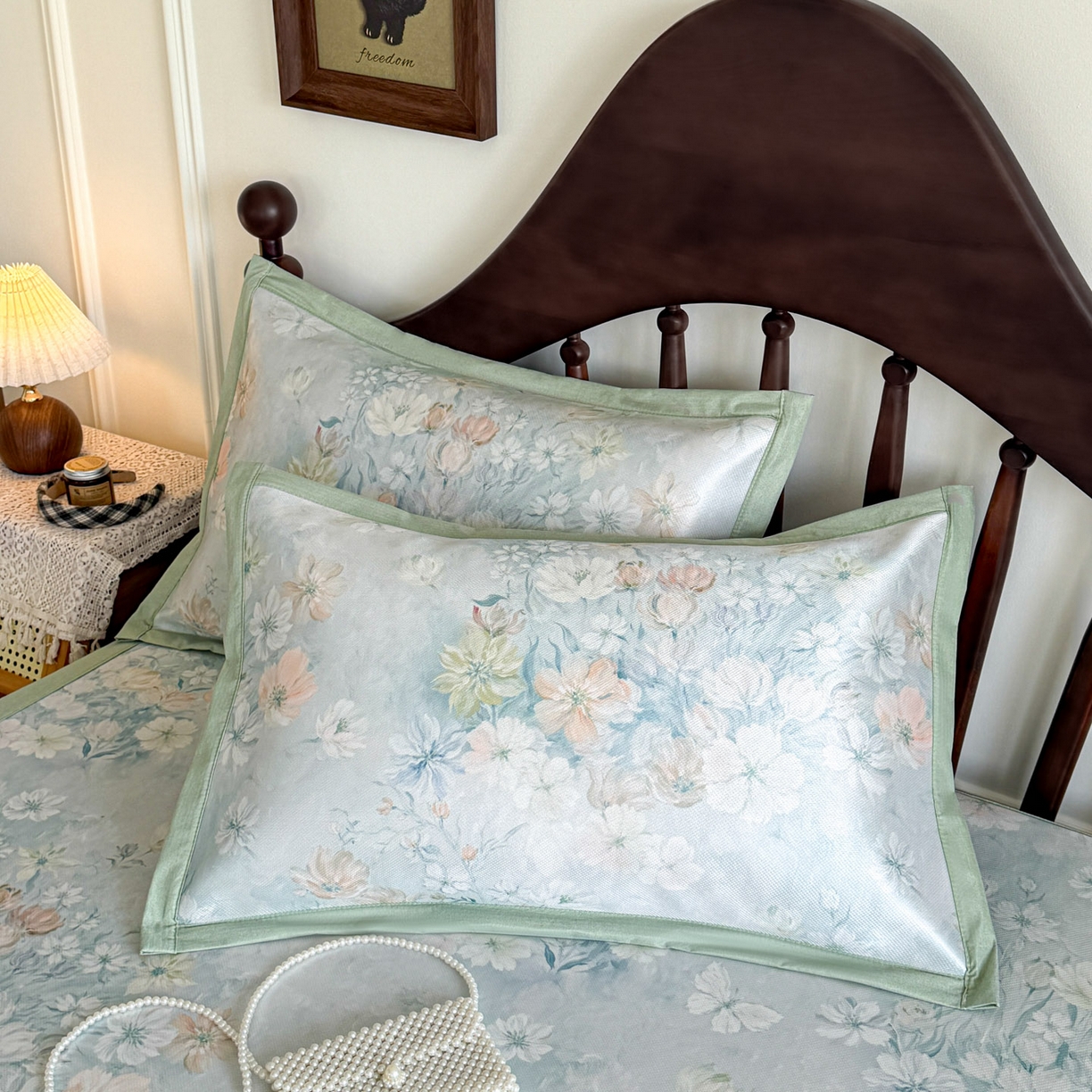 91家纺网 家纺一手货源 找家纺 倾慕家纺 2026新款A类数码印花冰泉丝凉席 玉兰花绿