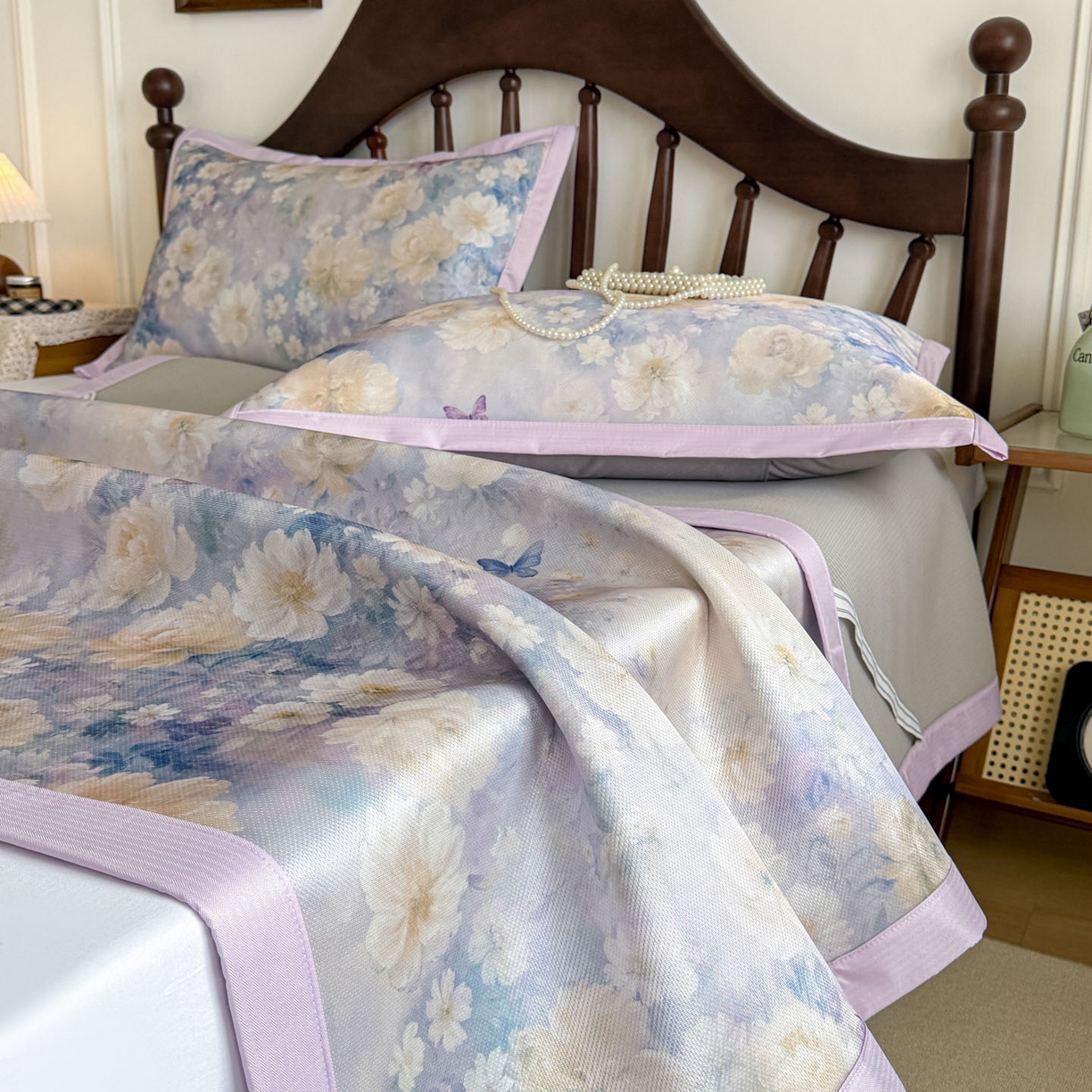 91家纺网 家纺一手货源 找家纺 倾慕家纺 2026新款A类数码印花冰泉丝凉席 摩尼紫