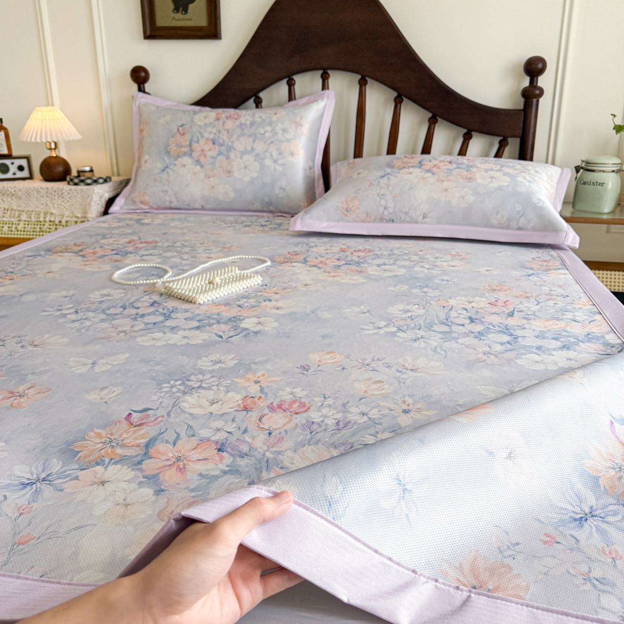 91家纺网 家纺一手货源 找家纺 倾慕家纺 2026新款A类数码印花冰泉丝凉席 玉兰花紫