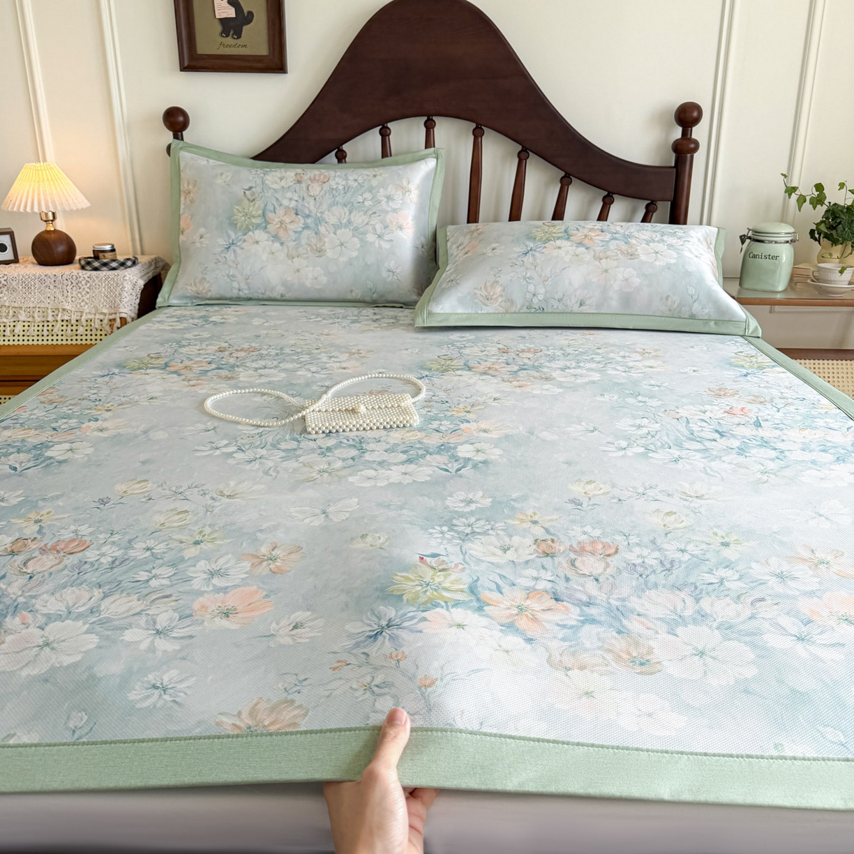 倾慕家纺 2026新款A类数码印花冰泉丝凉席 玉兰花绿