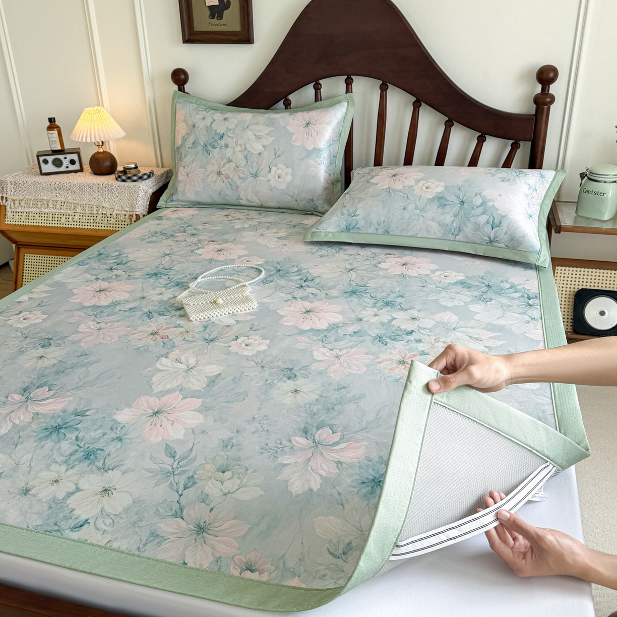 91家纺网 家纺一手货源 找家纺 倾慕家纺 2026新款A类数码印花冰泉丝凉席 水墨江南绿